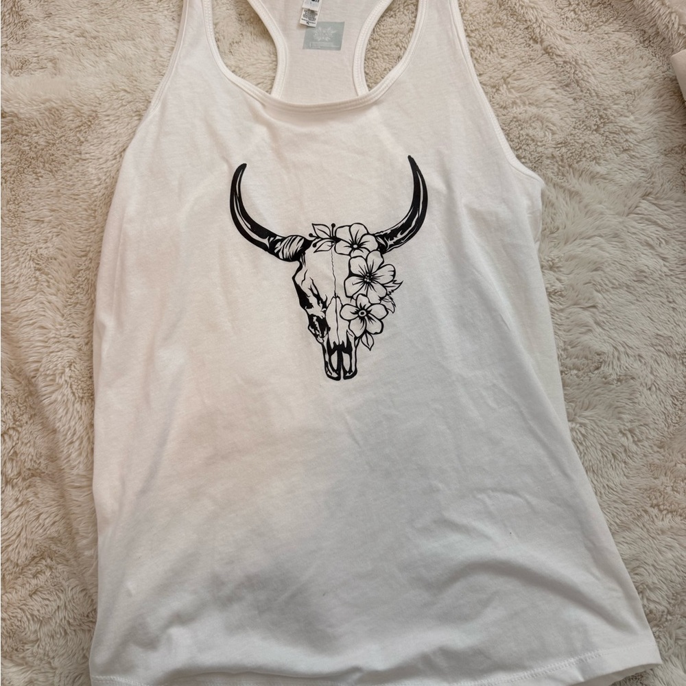 White Tank Top with Bull Skull Design